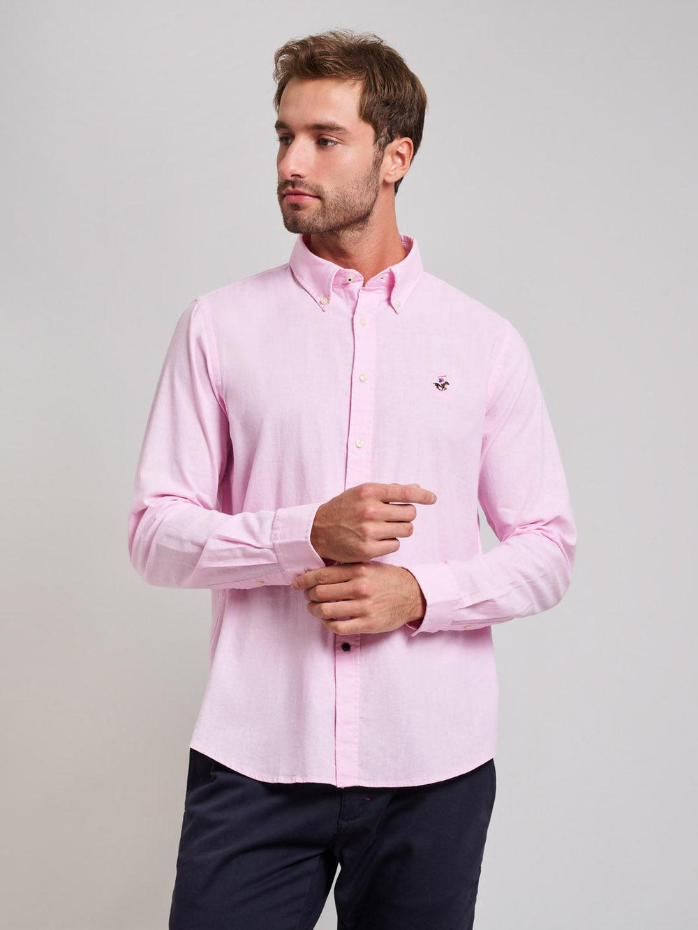 BUTTON DOWN LINEN BLEND SHIRT LIGHT PINK – BEVERLY HILLS POLO CLUB