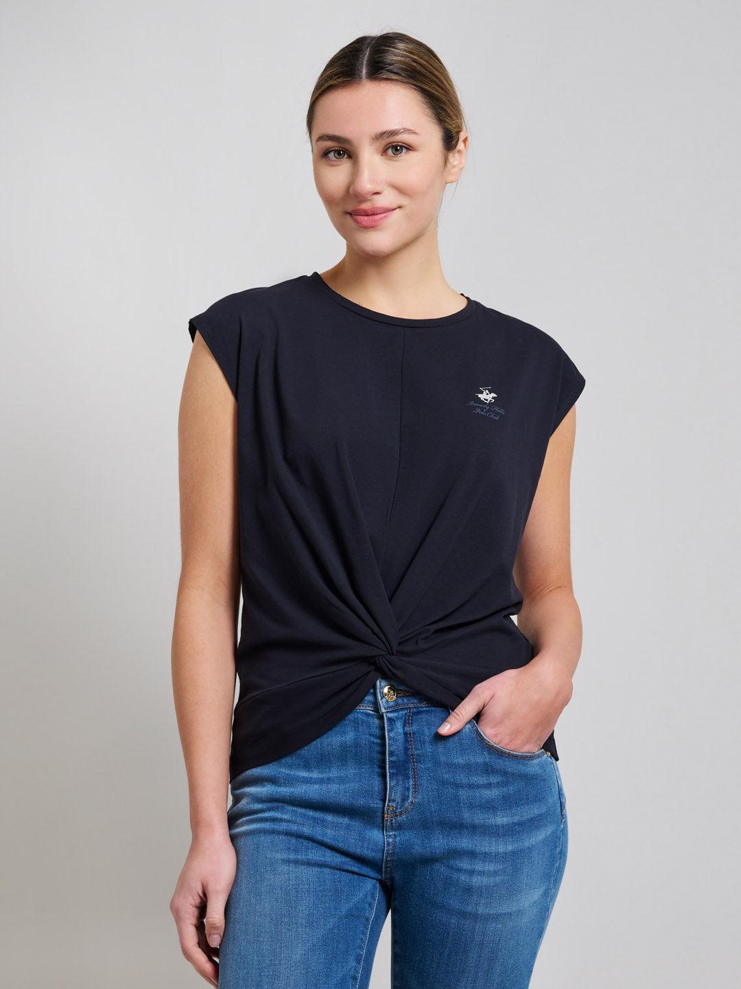 Beverly Hills Polo Club UK-STRETCH COTTON TWISTED FRONT T-SHIRT DARK NAVY